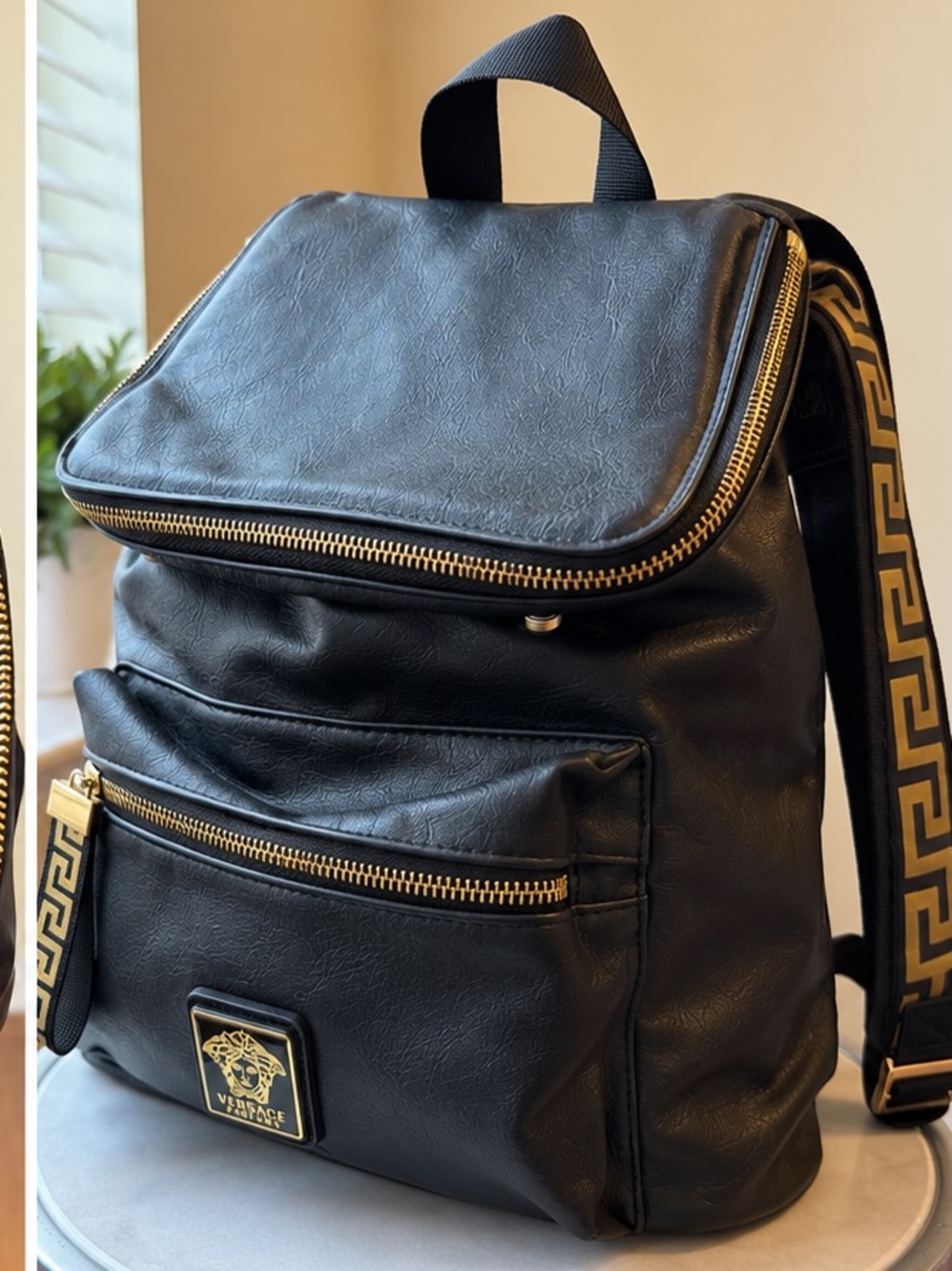 Versace Parfums Black & Gold Greek Key Backpack Medusa Logo